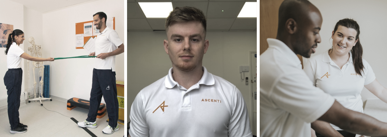 Two Ascenti physiotherapists practicing exercise with a resistance band, Area Manager Jake Wilson, two physiotherapists conducting e-learning together