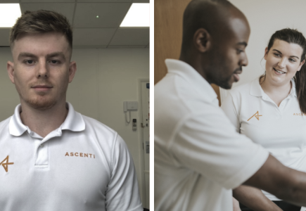 Two Ascenti physiotherapists practicing exercise with a resistance band, Area Manager Jake Wilson, two physiotherapists conducting e-learning together